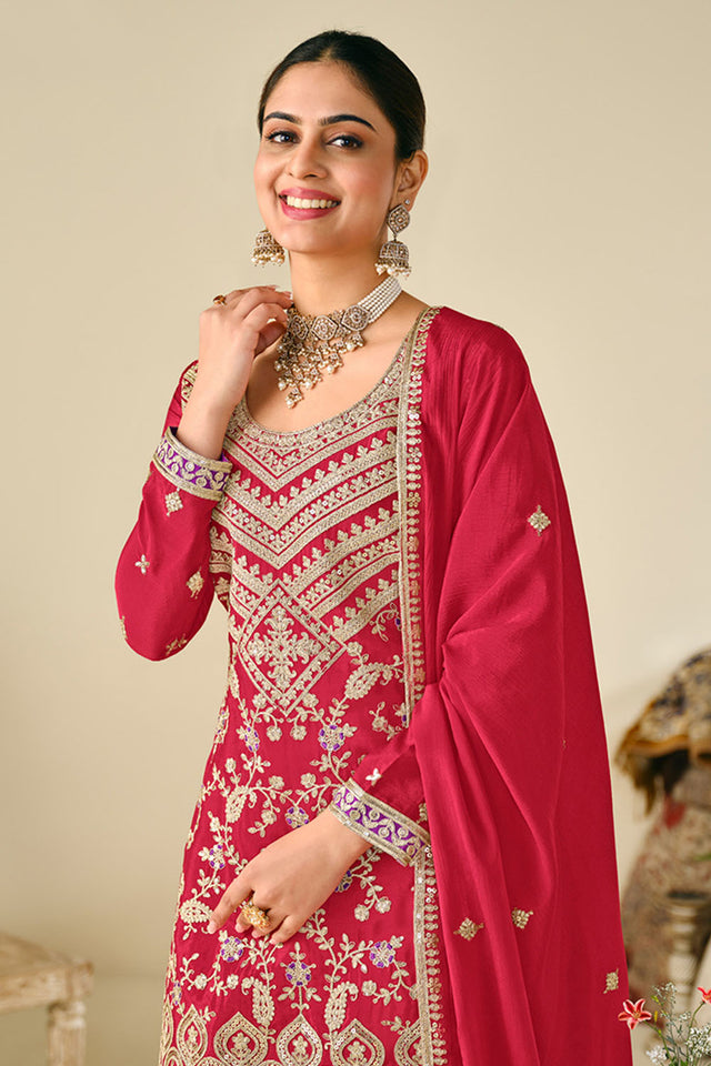 Pink Floral Embroidered Chinon Palazzo Suits
