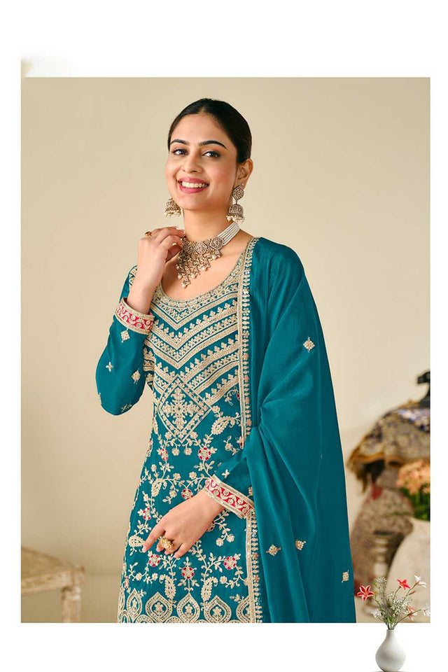 Turquoise Floral Embroidered Chinon Palazzo Suits
