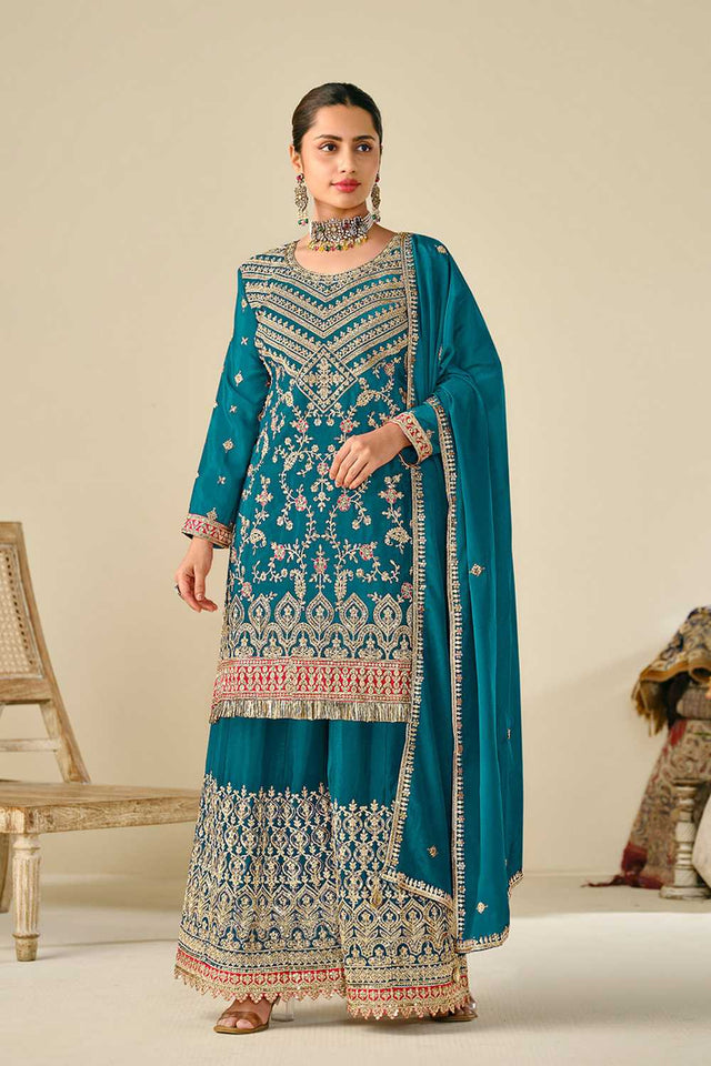 Turquoise Floral Embroidered Chinon Palazzo Suits