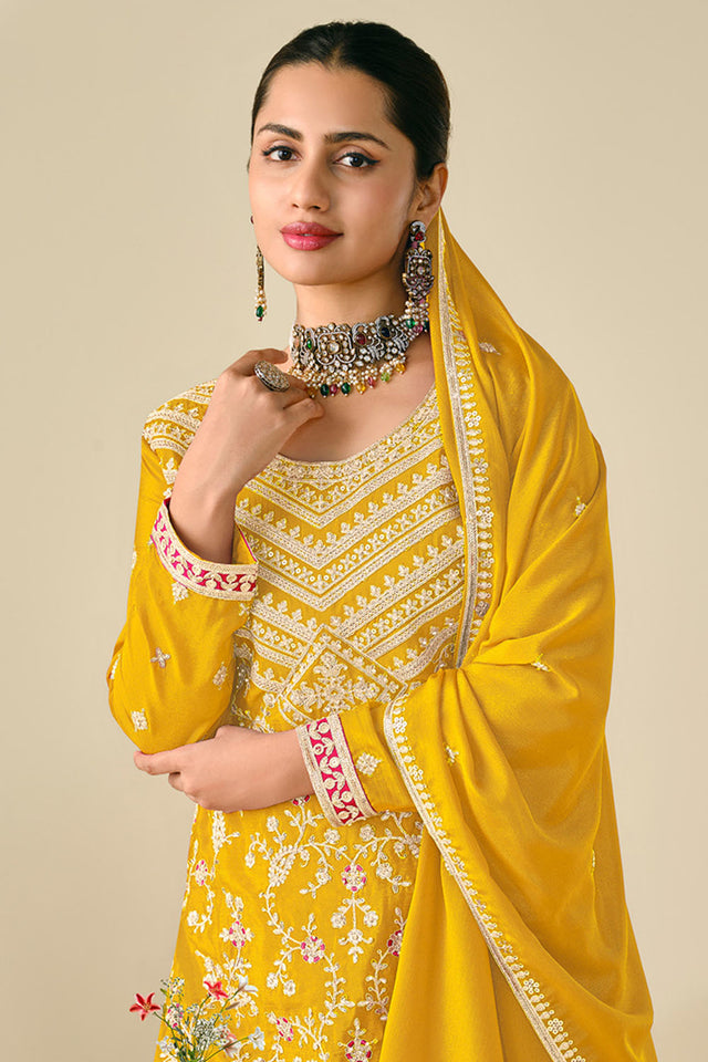 Yellow Floral Embroidered Chinon Palazzo Suits