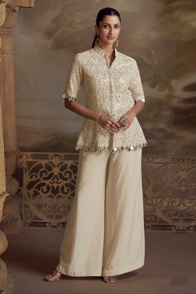 Cream Sequin with Embroidered Georgette Co-Ord Set