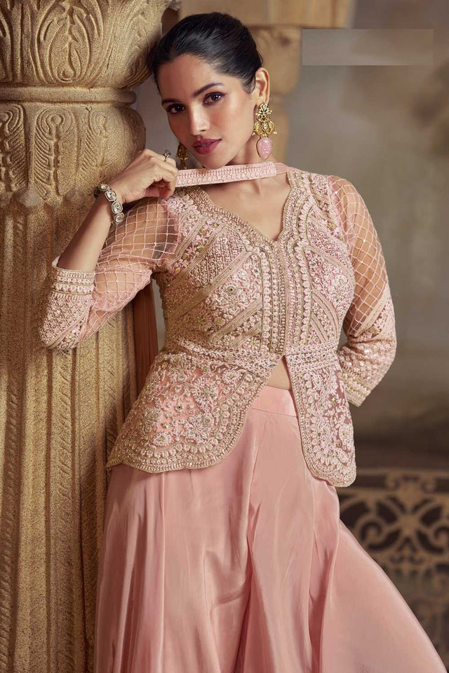 Pink Floral Embroidered Net Palazzo Suits