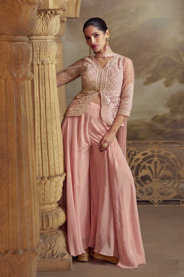 Pink Floral Embroidered Net Palazzo Suits