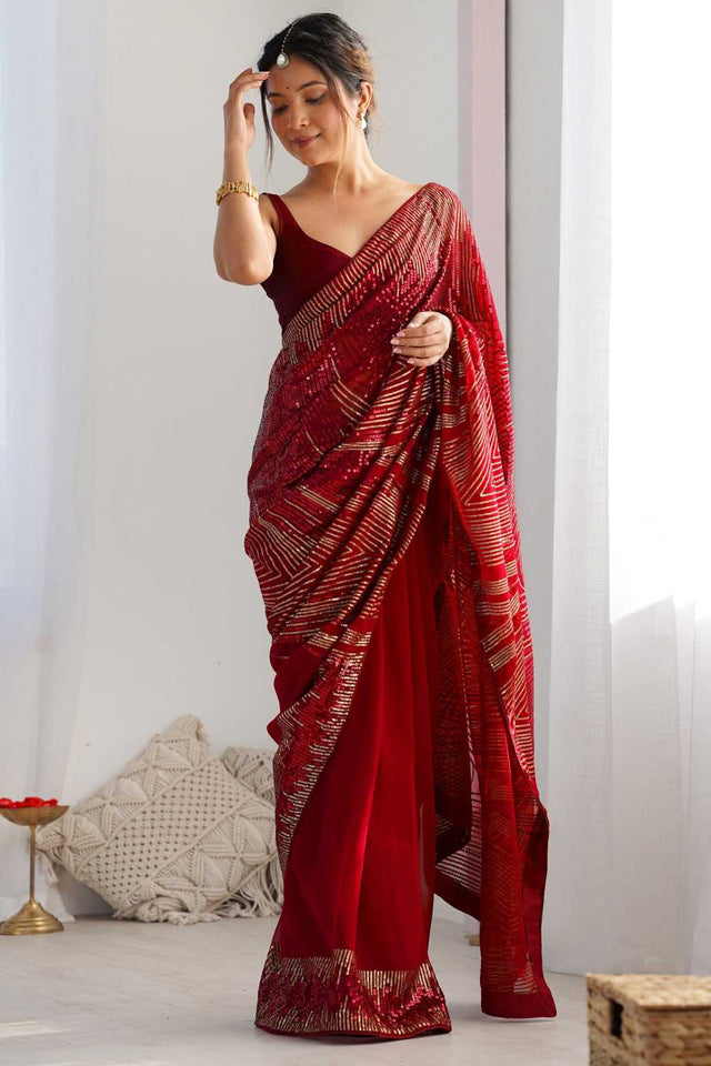 Red Sequin Georgette Saree