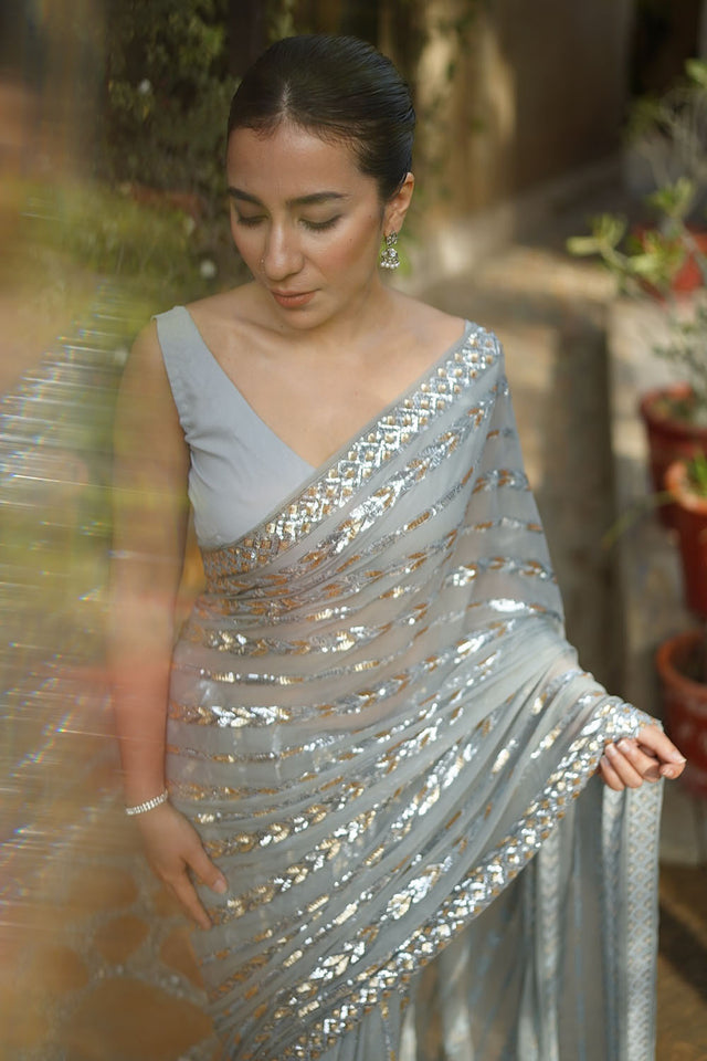 Grey Embroidered Georgette Saree