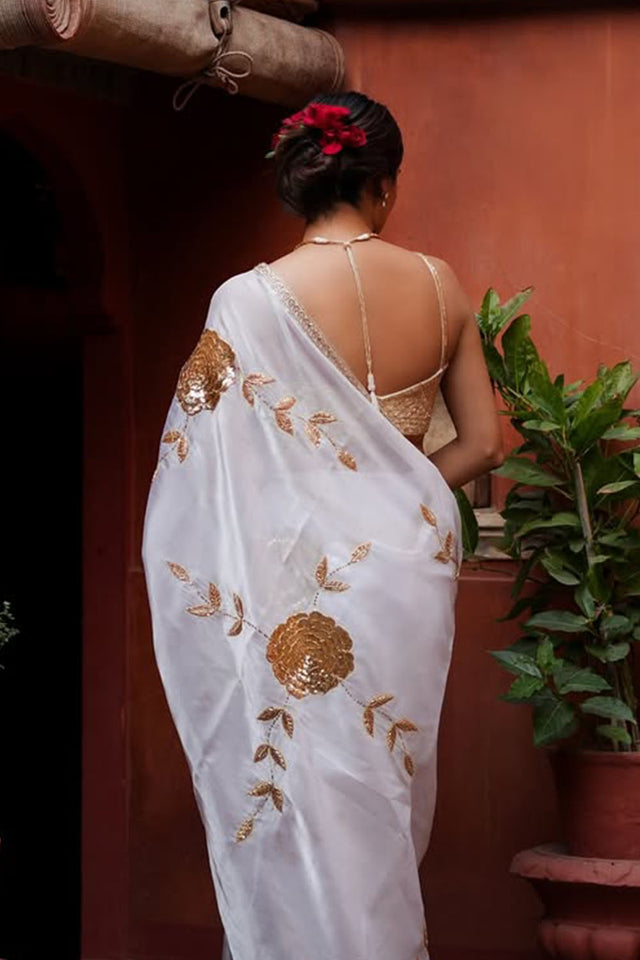 White Embroidered Silk Saree