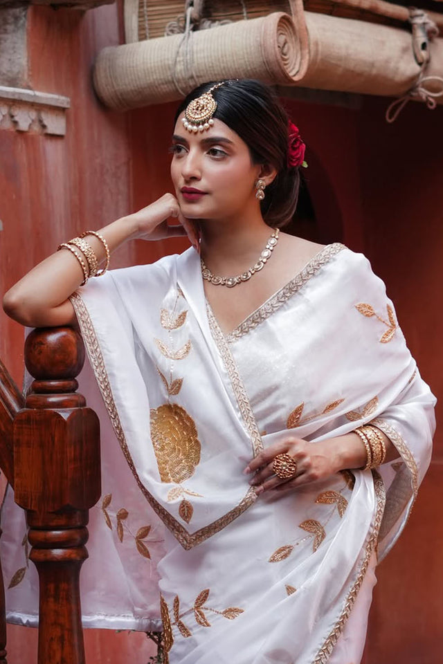 White Embroidered Silk Saree