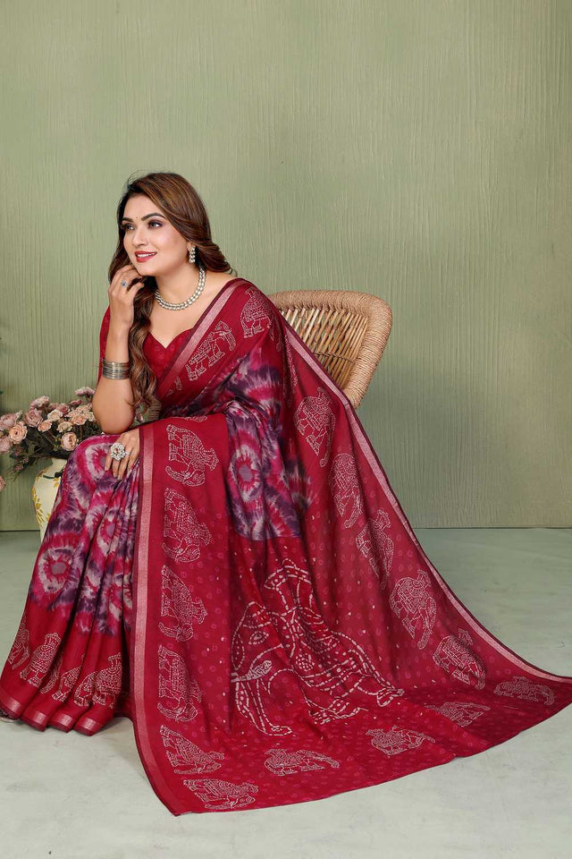 Maroon Printed Cotton Saree
