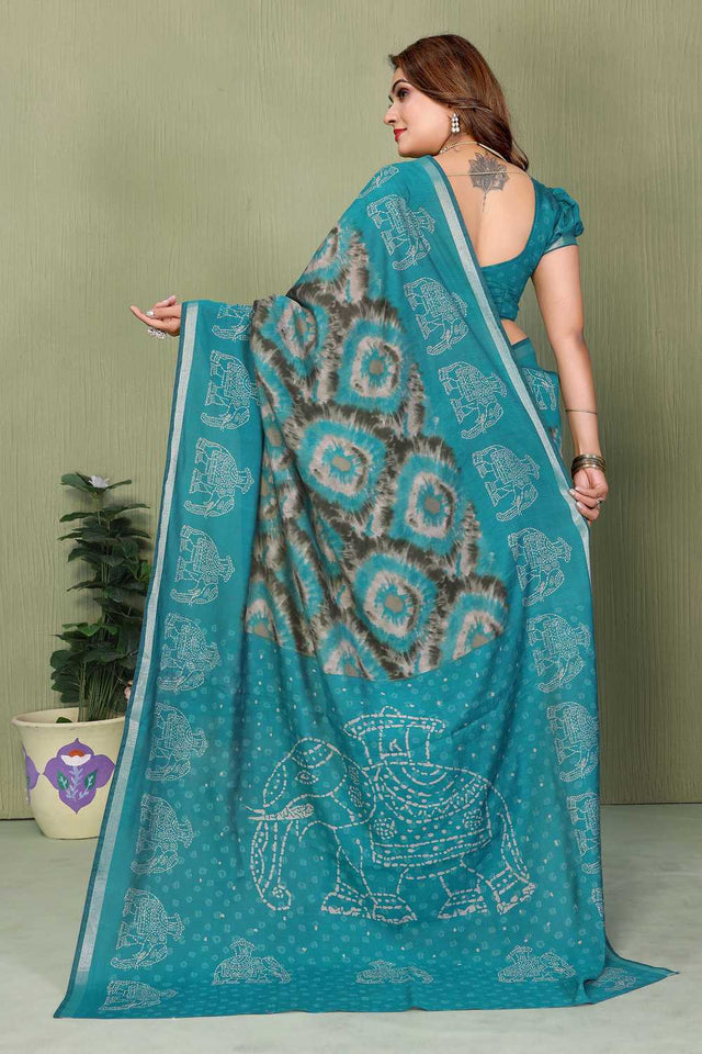 Turquoise Printed Cotton Saree