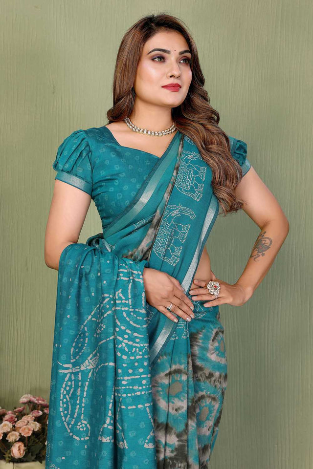 Turquoise Printed Cotton Saree