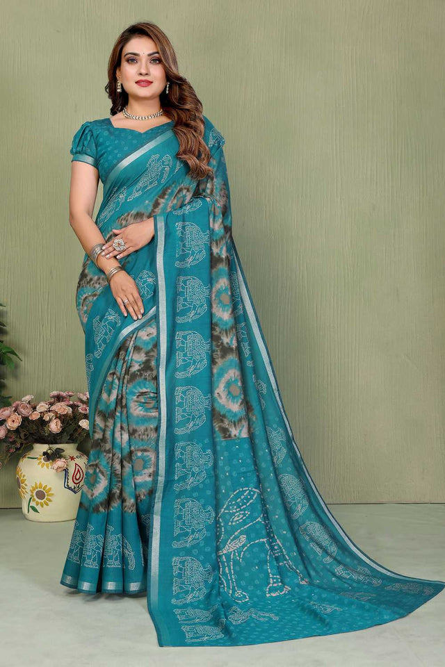 Turquoise Printed Cotton Saree