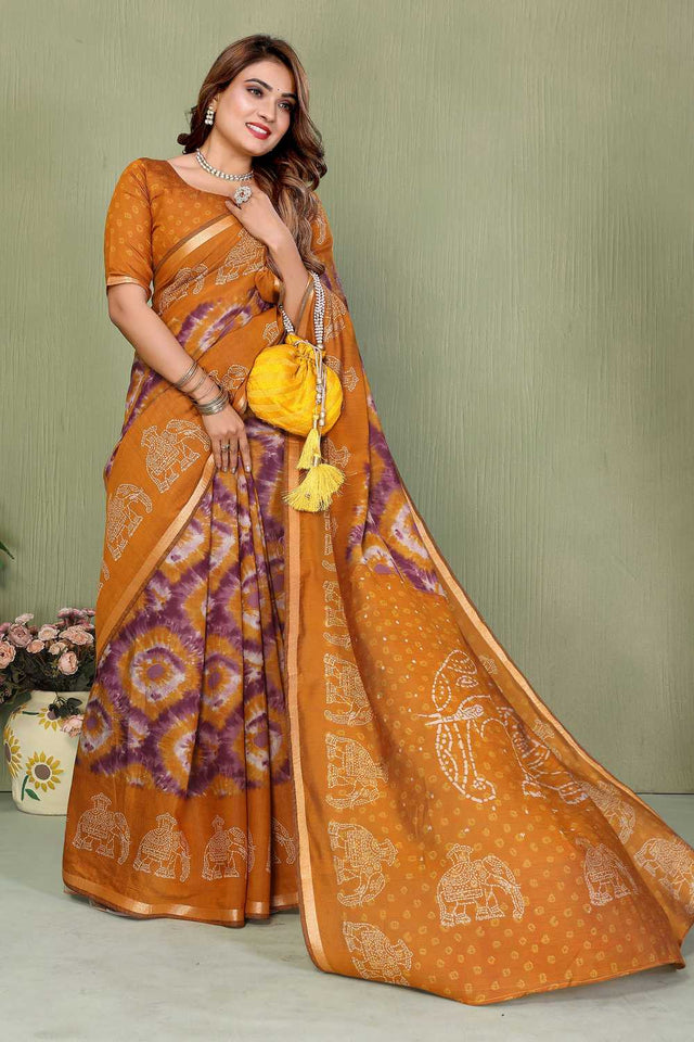 Mustard Printed Cotton Saree