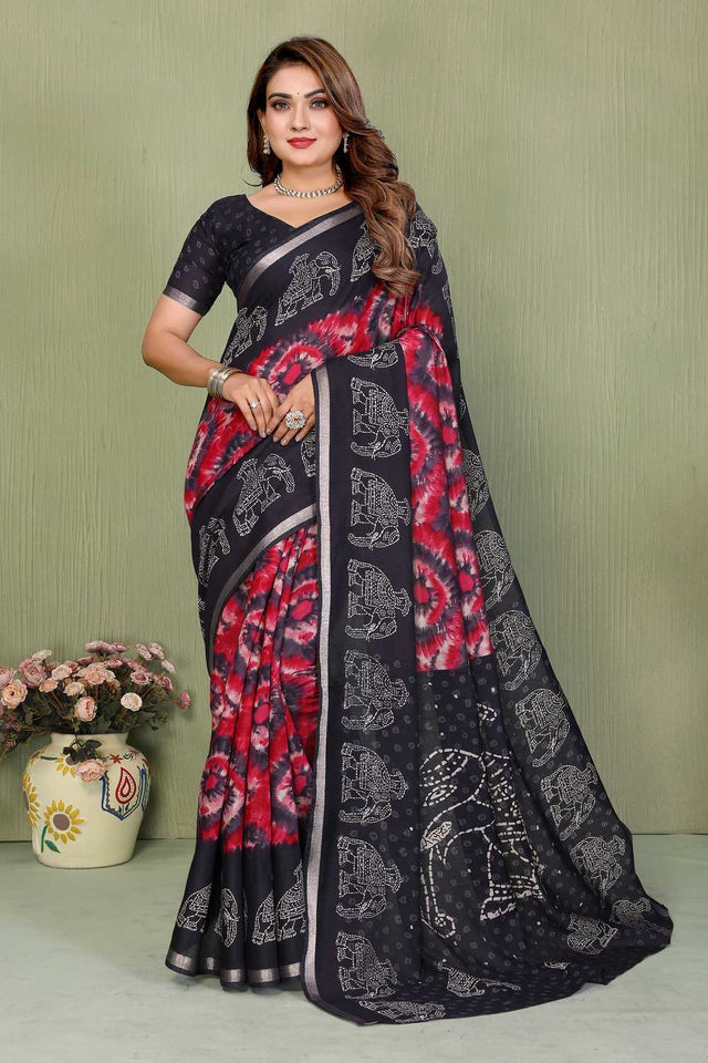 Black Printed Cotton Saree