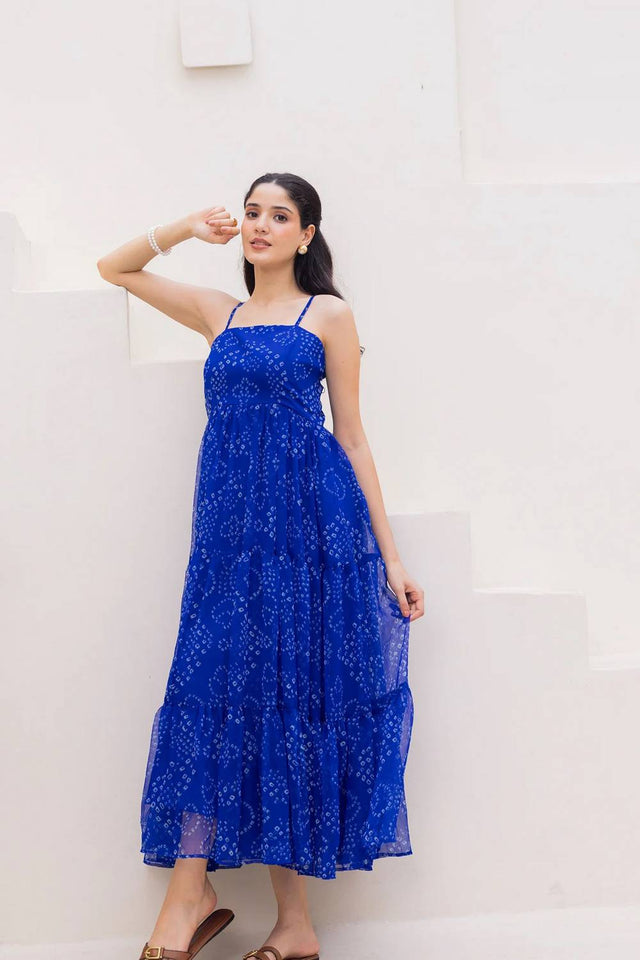 Blue Bandhani Printed Georgette Long Dresses