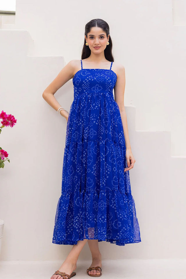 Blue Bandhani Printed Georgette Long Dresses