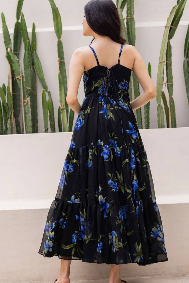 Black Floral Printed Georgette Long Dresses