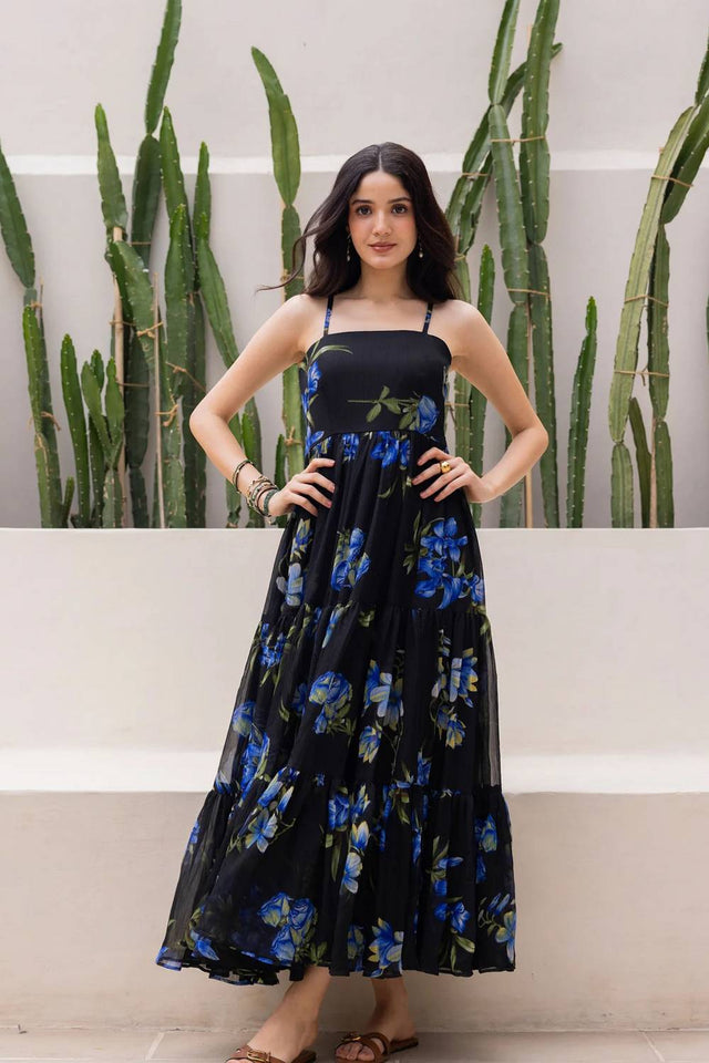 Black Floral Printed Georgette Long Dresses