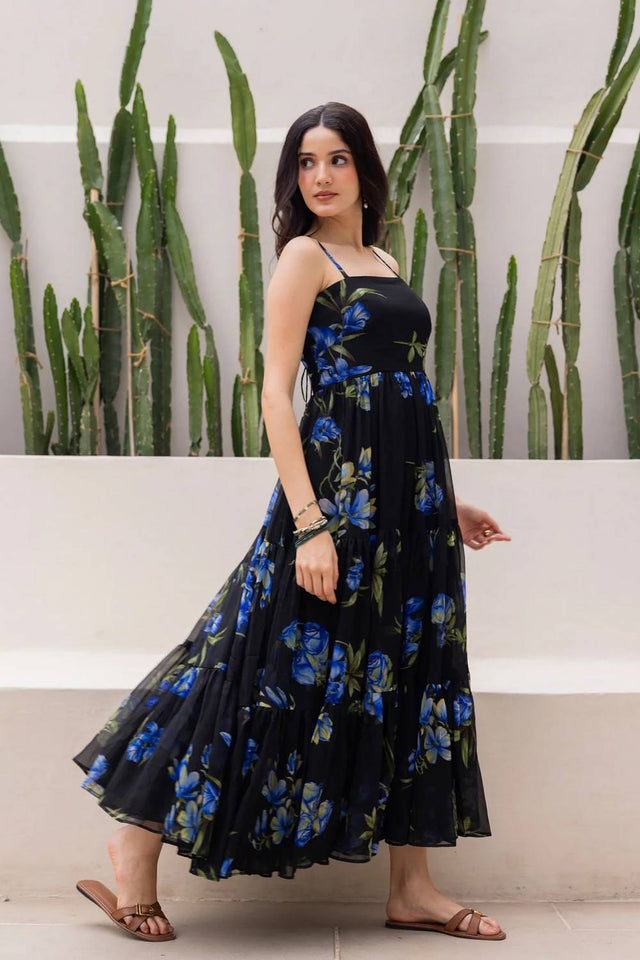 Black Floral Printed Georgette Long Dresses