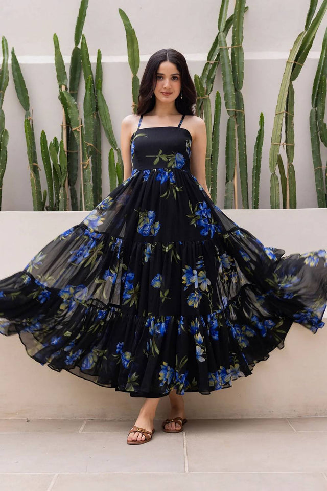 Black Floral Printed Georgette Long Dresses