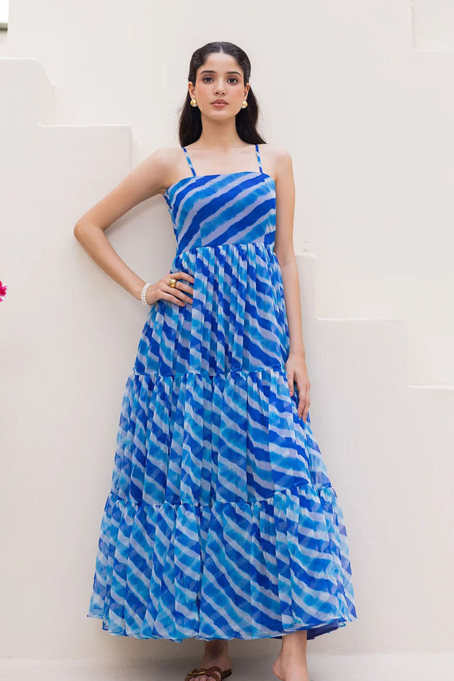 Blue Stripe Georgette Long Dresses