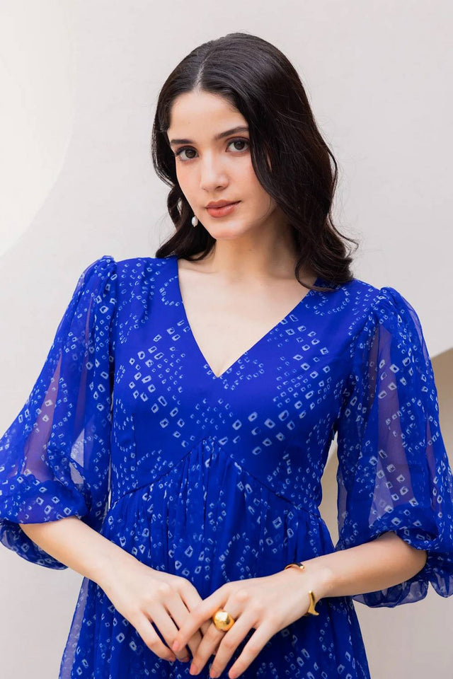 Blue Bandhani Printed Georgette Gown