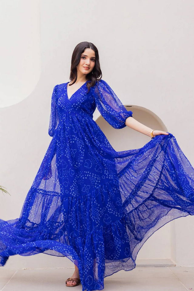 Blue Bandhani Printed Georgette Gown