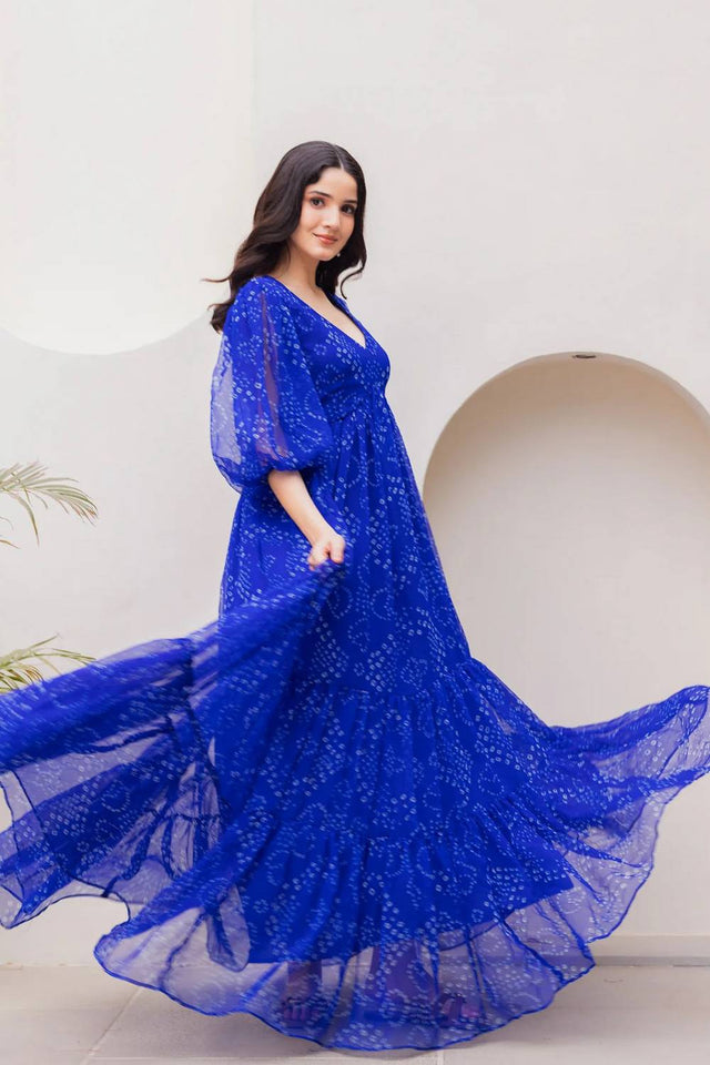 Blue Bandhani Printed Georgette Gown