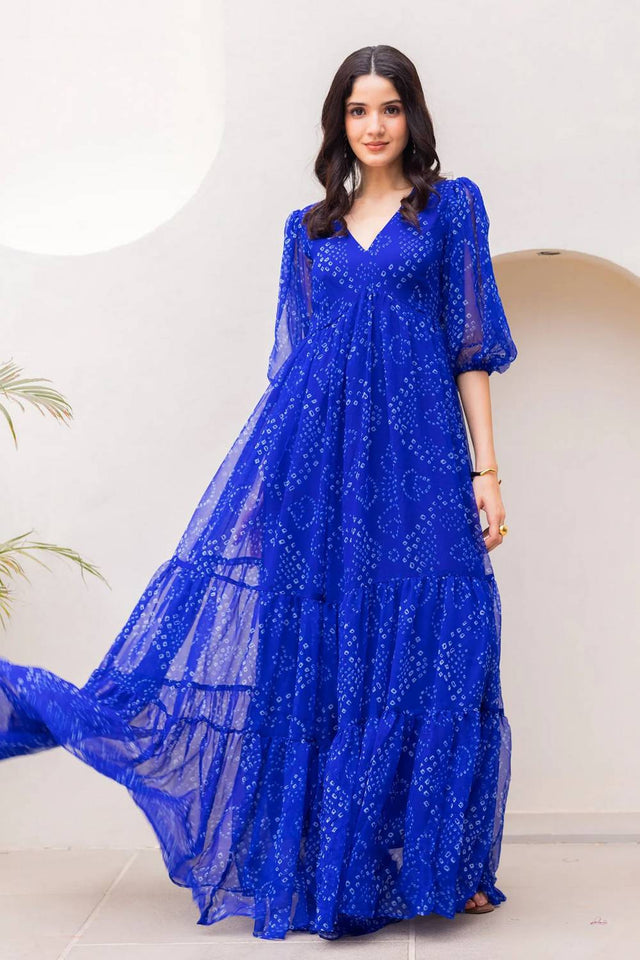 Blue Bandhani Printed Georgette Gown