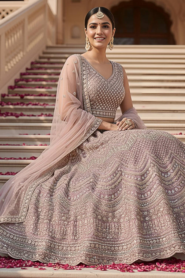 Pink Sequin with Stone Embossed Net Lehenga
