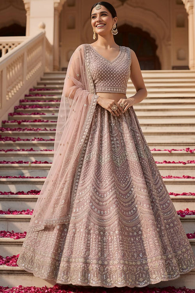 Pink Sequin with Stone Embossed Net Lehenga