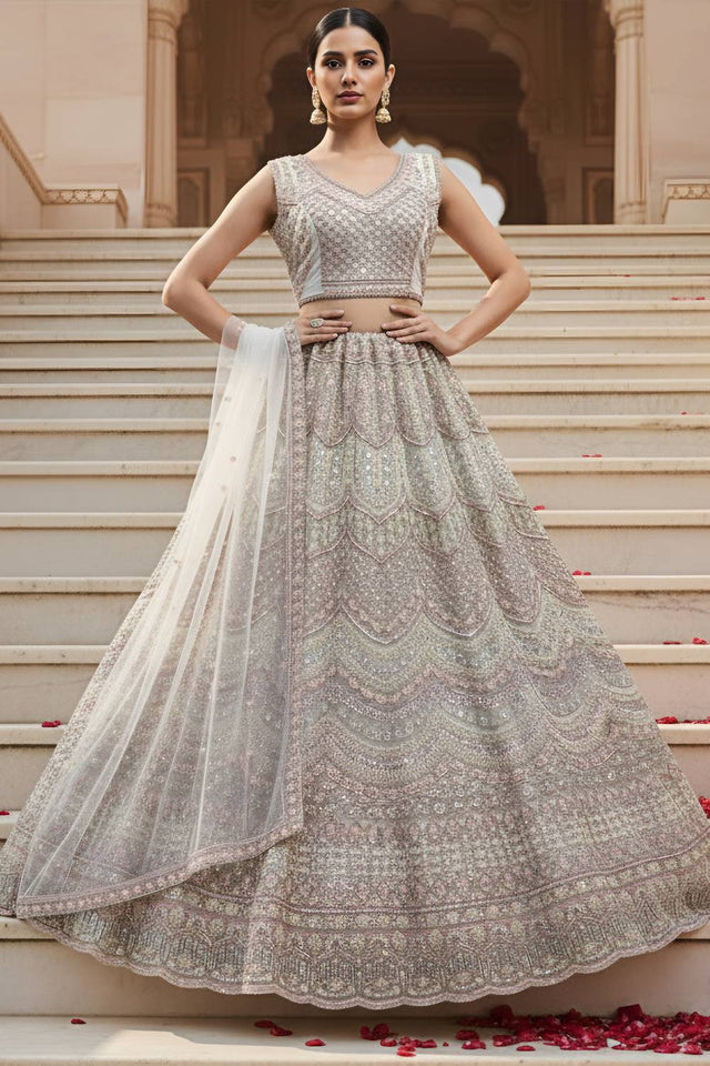 Off White Sequin with Stone Embossed Net Lehenga