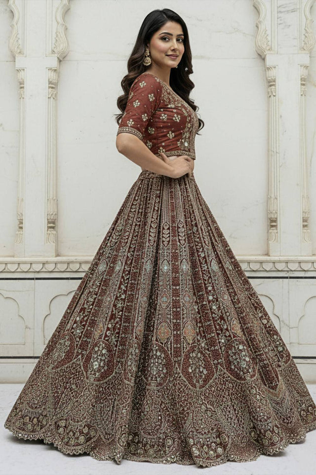 Red Sequin with Stone Embossed Organza Lehenga