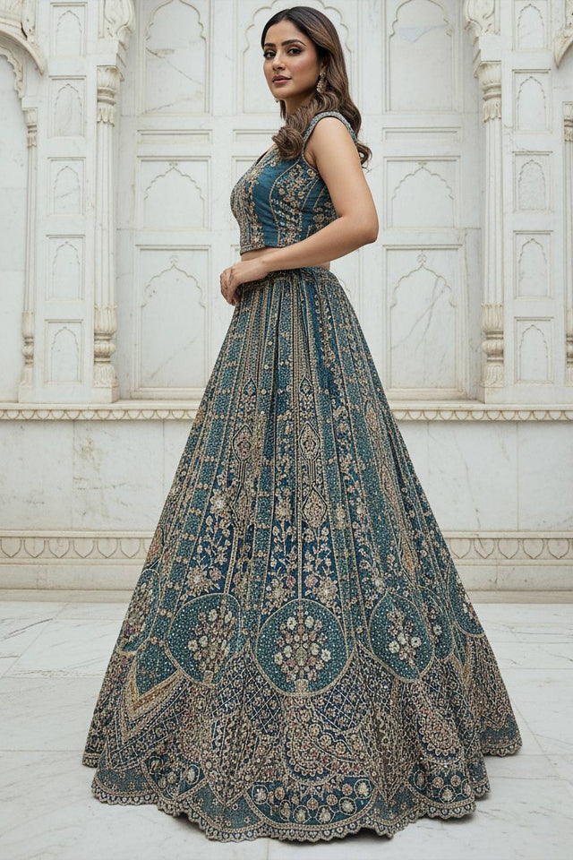 Turquoise Sequin with Stone Embossed Organza Lehenga