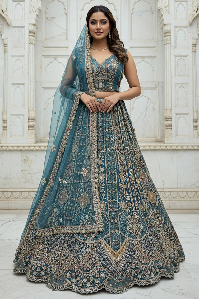 Turquoise Sequin with Stone Embossed Organza Lehenga