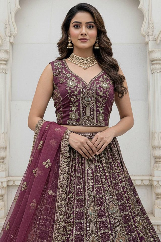 Violet Sequin with Stone Embossed Organza Lehenga