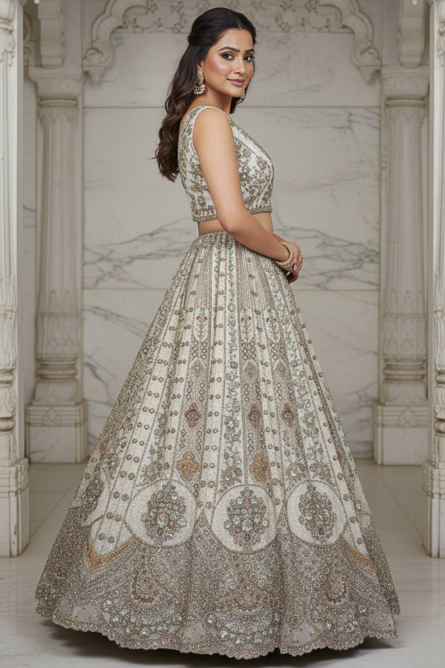 White Sequin with Stone Embossed Organza Lehenga