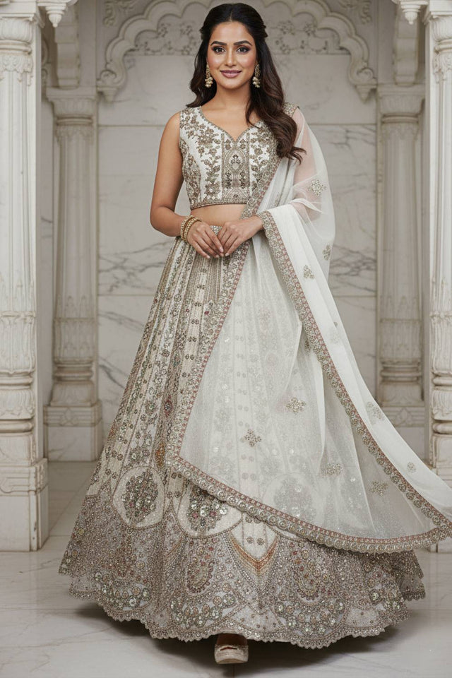 White Sequin with Stone Embossed Organza Lehenga