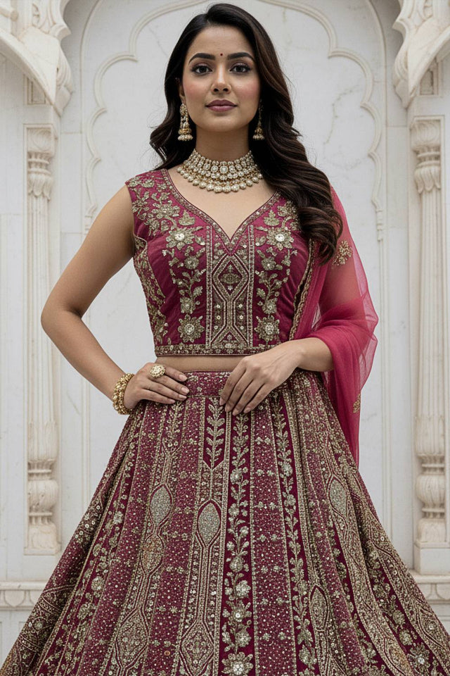 Pink Sequin with Stone Embossed Organza Lehenga