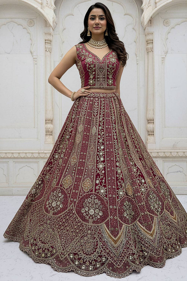 Pink Sequin with Stone Embossed Organza Lehenga