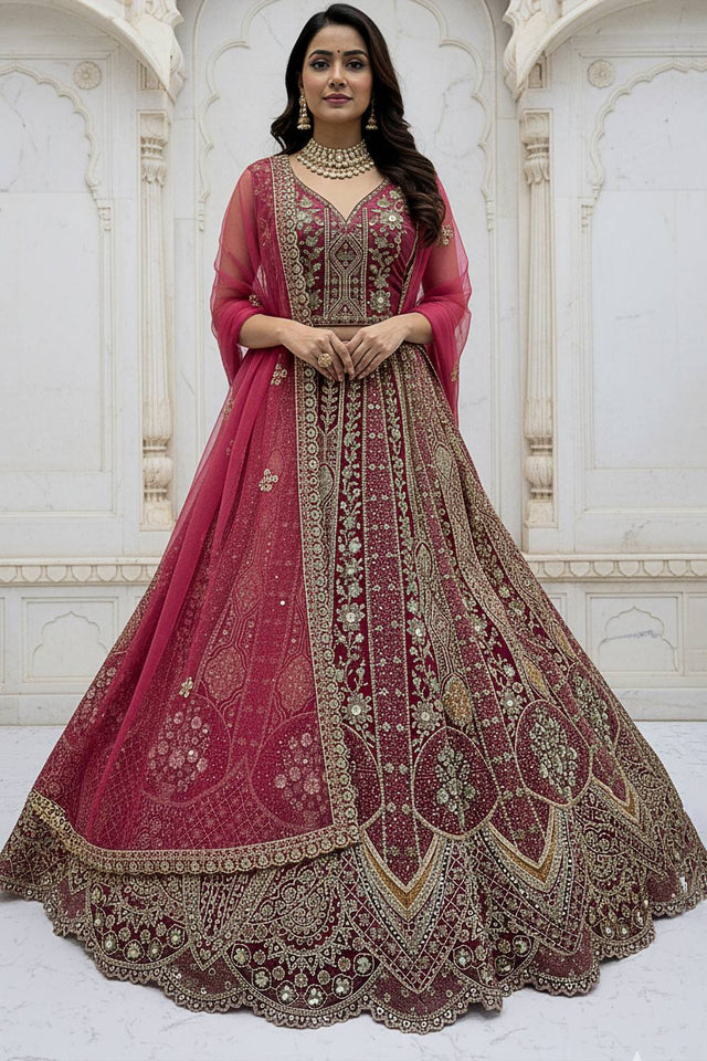 Pink Sequin with Stone Embossed Organza Lehenga