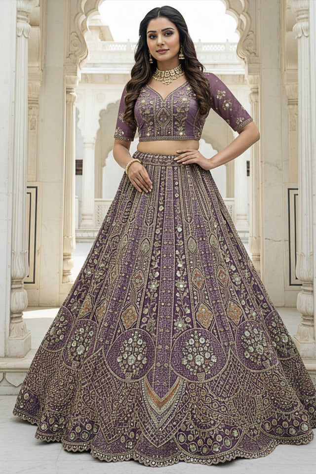 Lavender Sequin with Stone Embossed Organza Lehenga