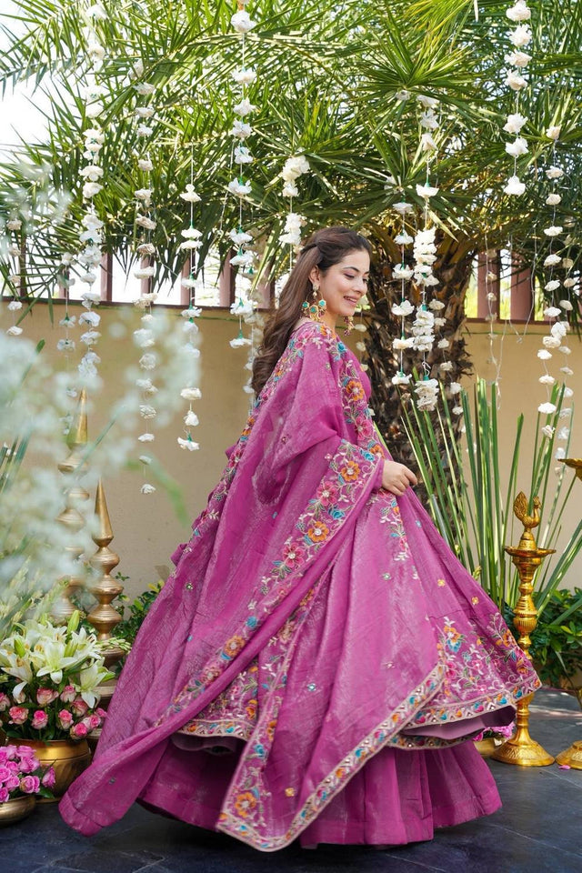 Purple Floral Embroidered Silk Palazzo Suits