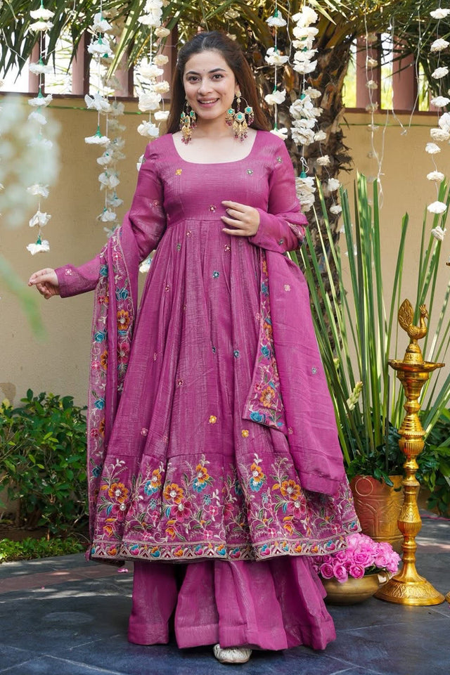 Purple Floral Embroidered Silk Palazzo Suits