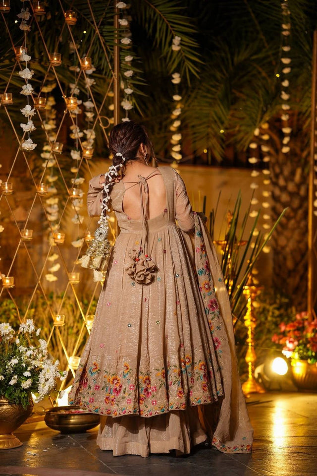 Beige Floral Embroidered Silk Palazzo Suits