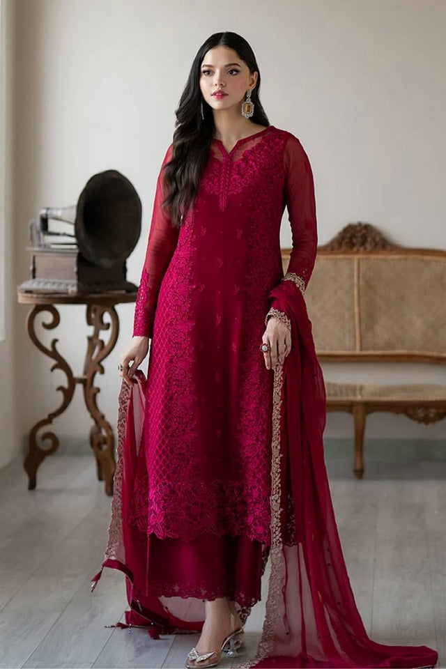 Pink Floral Embroidered Georgette Palazzo Suits