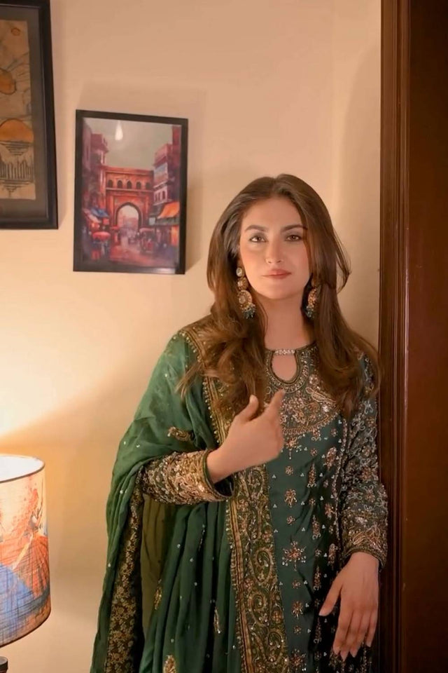 Green Floral Embroidered Georgette Palazzo Suits