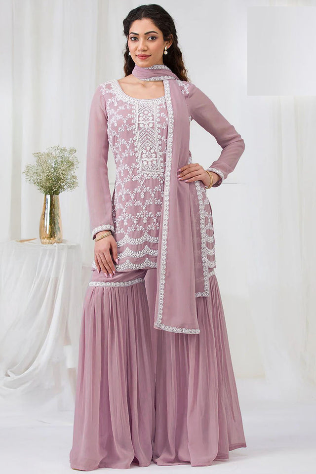 Pink Floral Embroidered Georgette Palazzo Suits