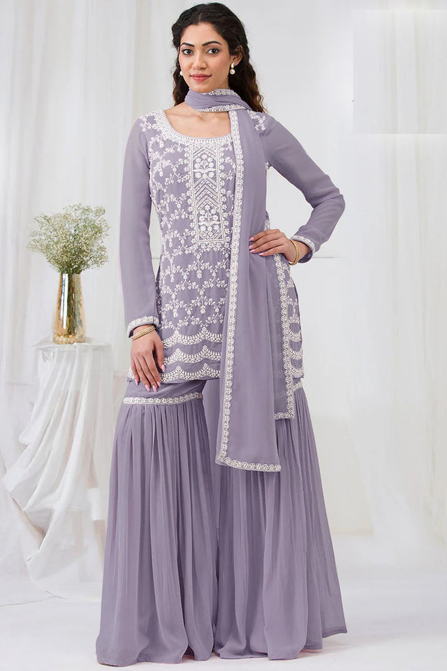 Violet Floral Embroidered Georgette Palazzo Suits