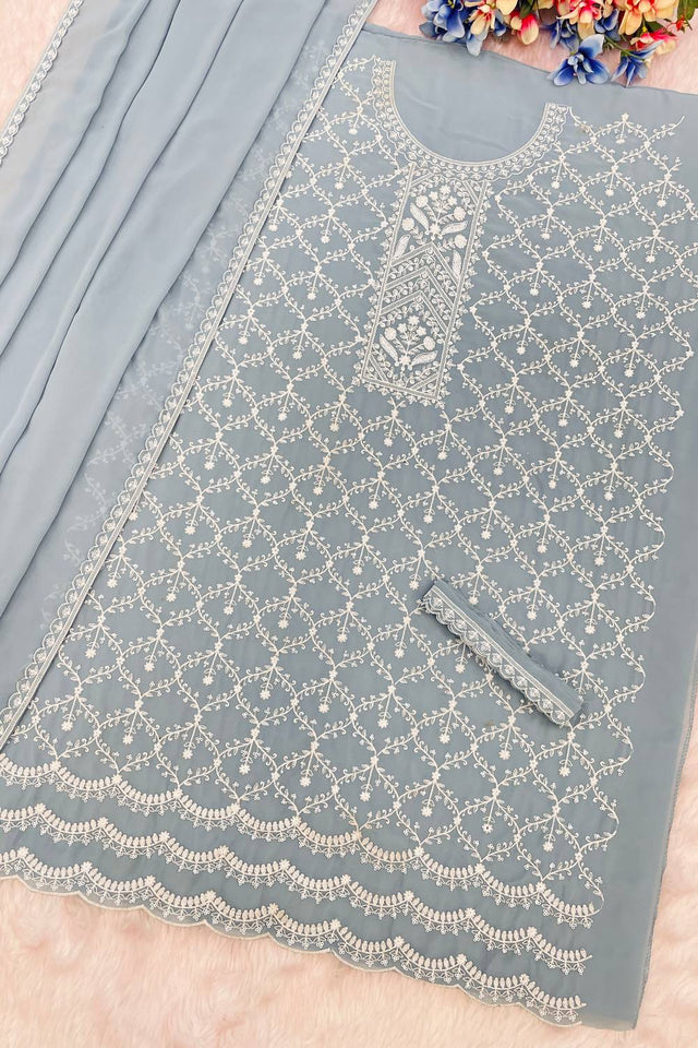 Grey Floral Embroidered Georgette Palazzo Suits