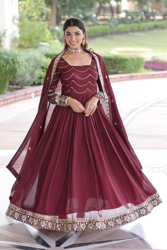 Maroon Sequin Silk Gown